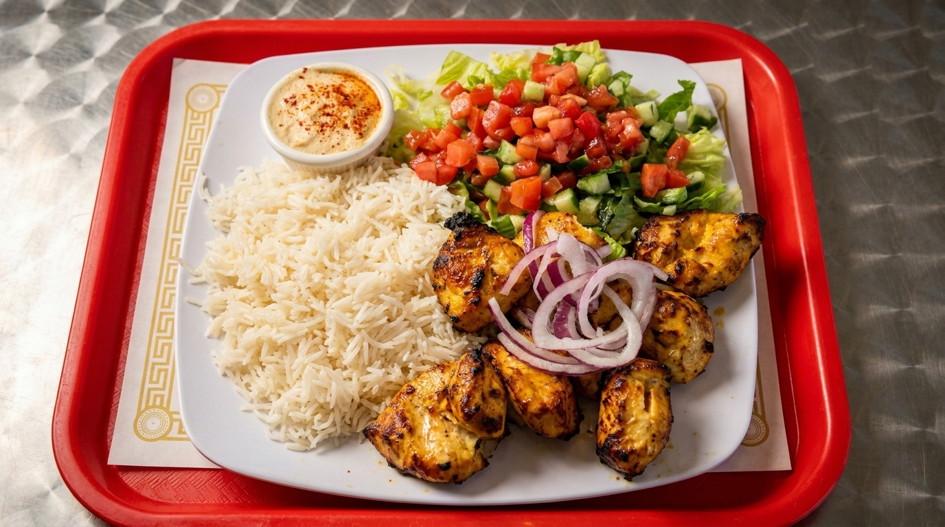Grilled chicken skewers with rice, salad, and hummus on a white plate, served on a red tray.