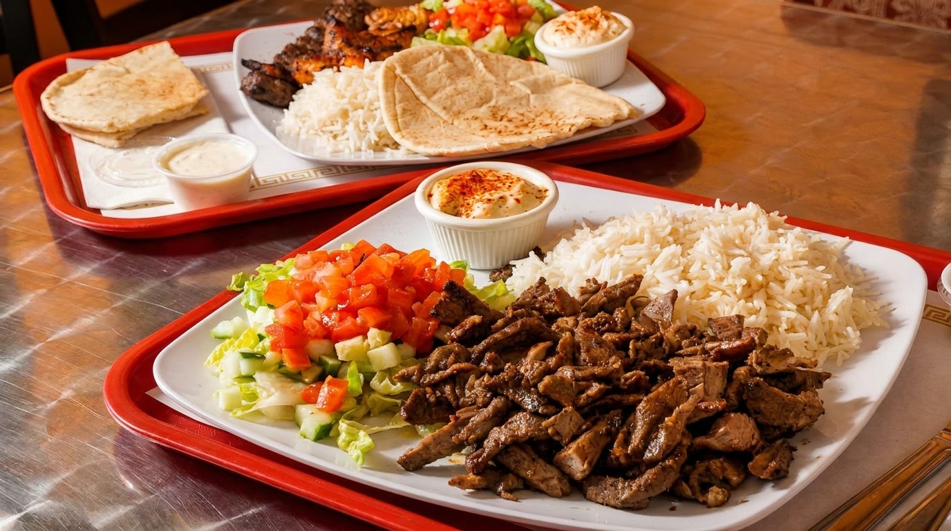 Two trays of Middle Eastern food with rice, meat, salad, pita bread, and hummus.