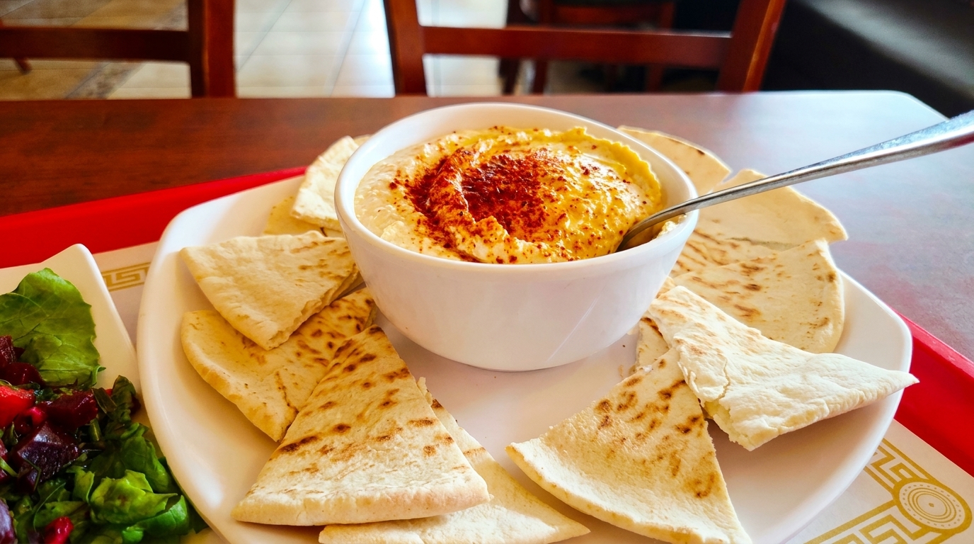 A bowl of hummus with paprika, surrounded by pita bread and a side salad.