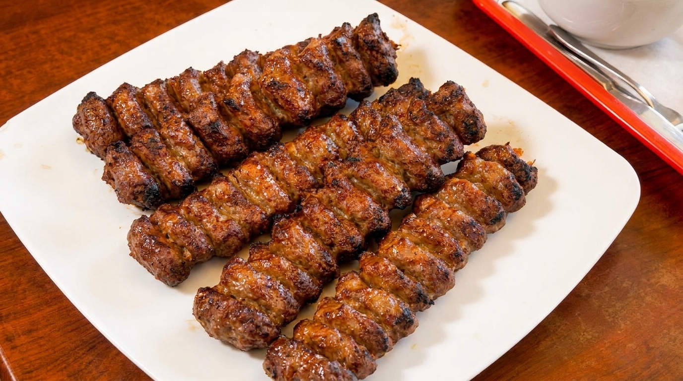 Three rows of grilled, browned meat skewers on a white rectangular plate.