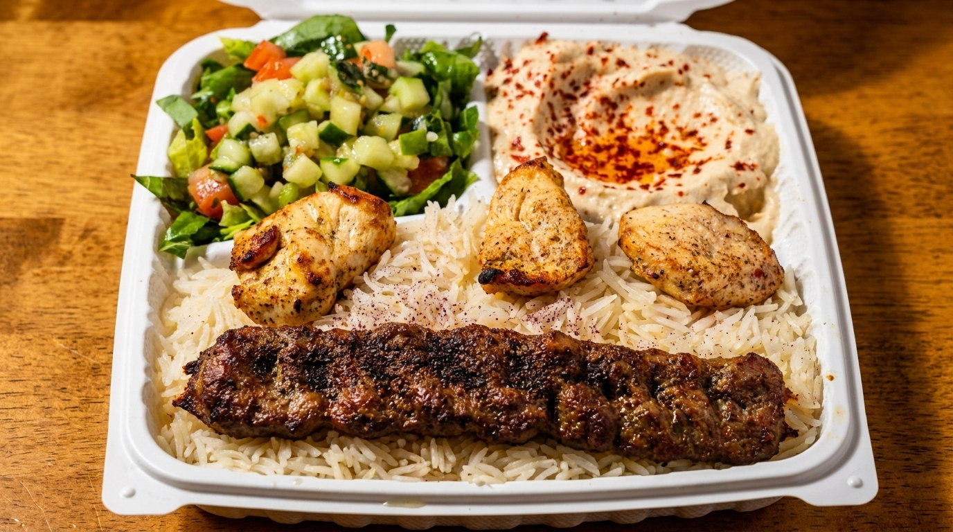 A takeout container with rice, chicken and beef kebabs, hummus, and a side salad.