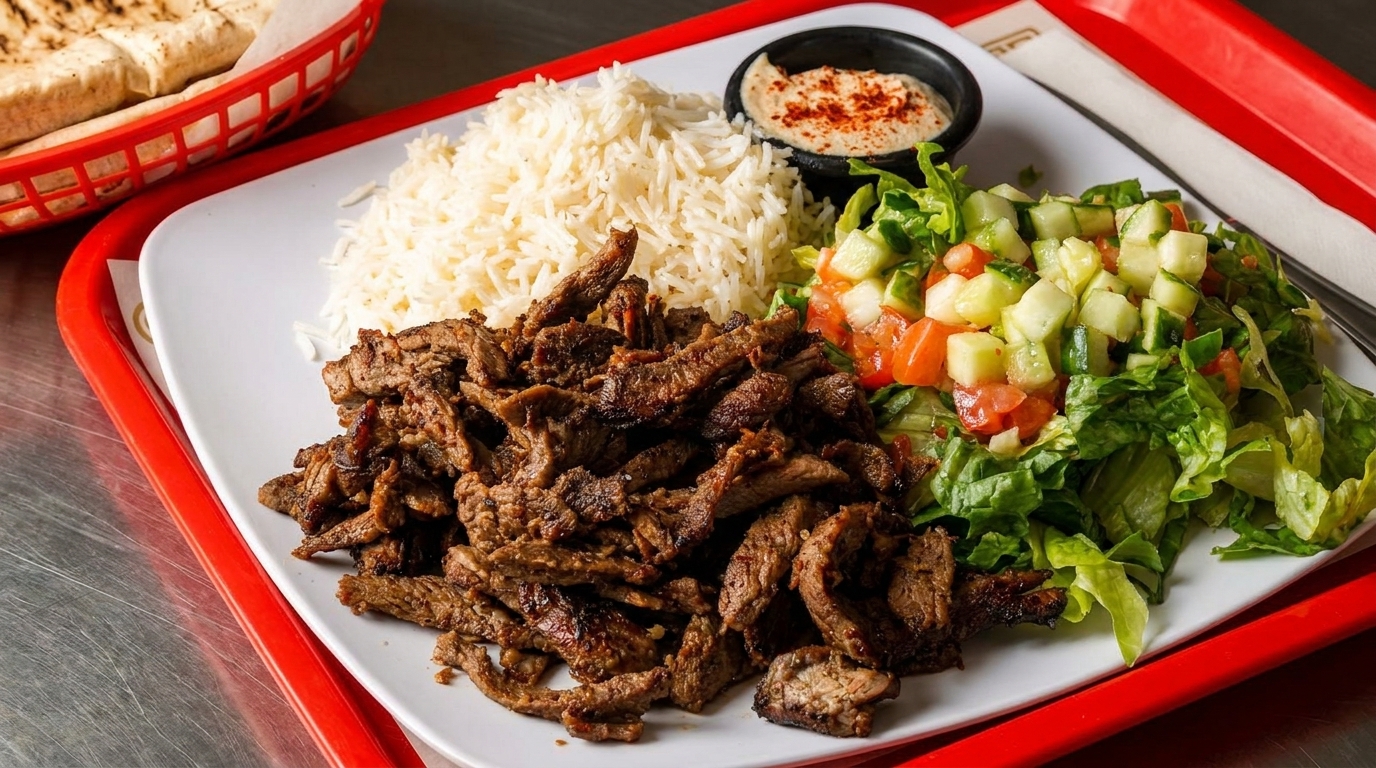 A plate of beef shawarma, rice, salad, and hummus, with pita bread in a red basket.