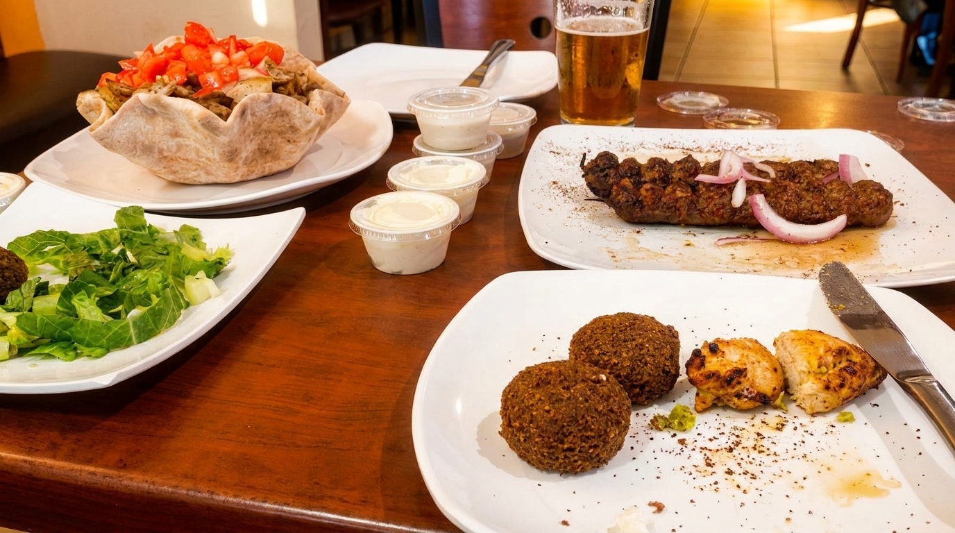 A table laden with various Middle Eastern dishes, including falafel, kebab, salad, and a pita bowl.