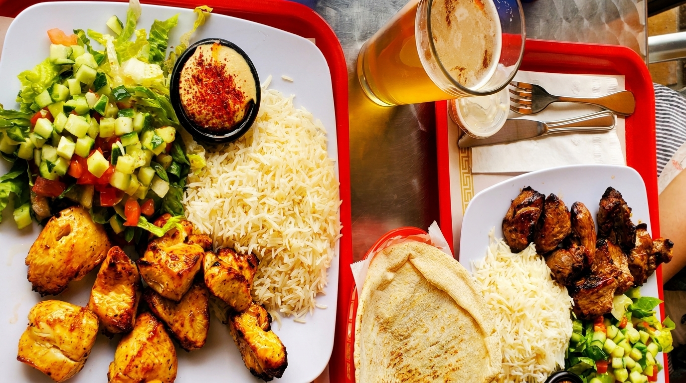 Two plates of grilled chicken and meat with rice, salad, hummus, pita, and a beer.