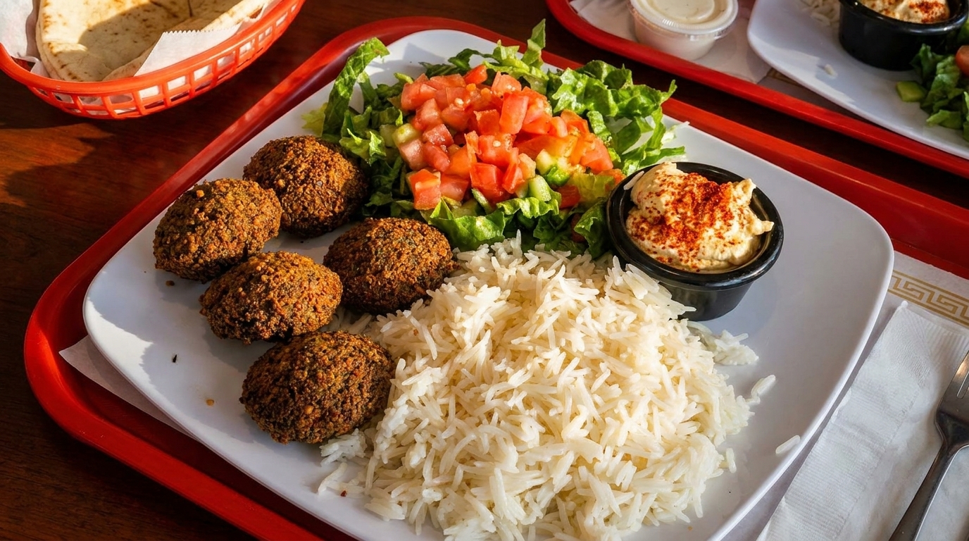 Falafel plate with rice, salad, hummus, and pita bread on a red tray.