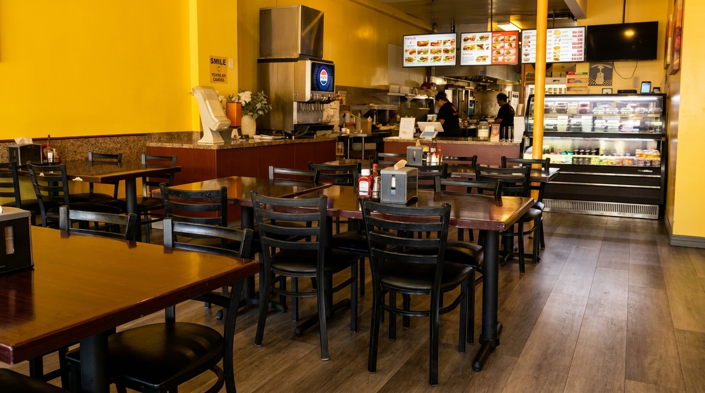 Interior of a casual restaurant with yellow walls, dark tables, black chairs, and a visible kitchen area.
