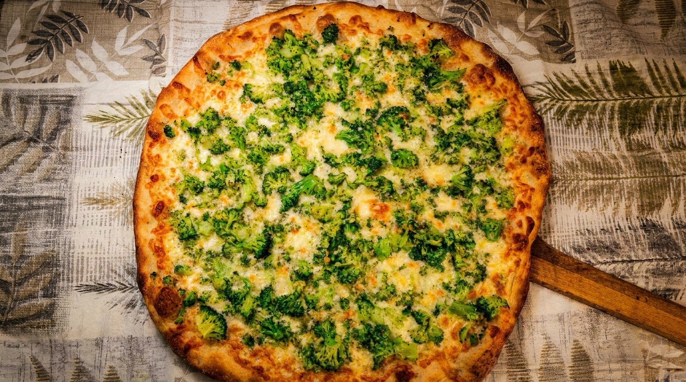 A whole broccoli pizza with melted cheese on a patterned tablecloth, with a wooden pizza peel.