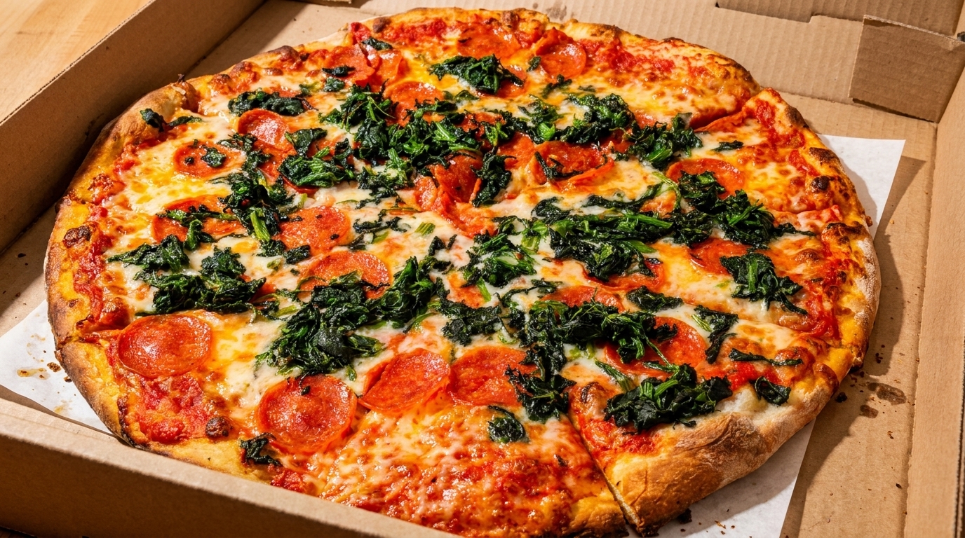 A whole pepperoni and spinach pizza with a slice removed, in a cardboard delivery box.