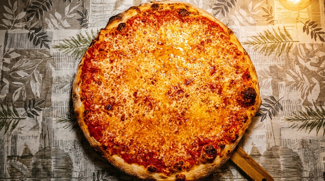 A large, golden-crusted cheese pizza with melted mozzarella and tomato sauce on a patterned tablecloth.