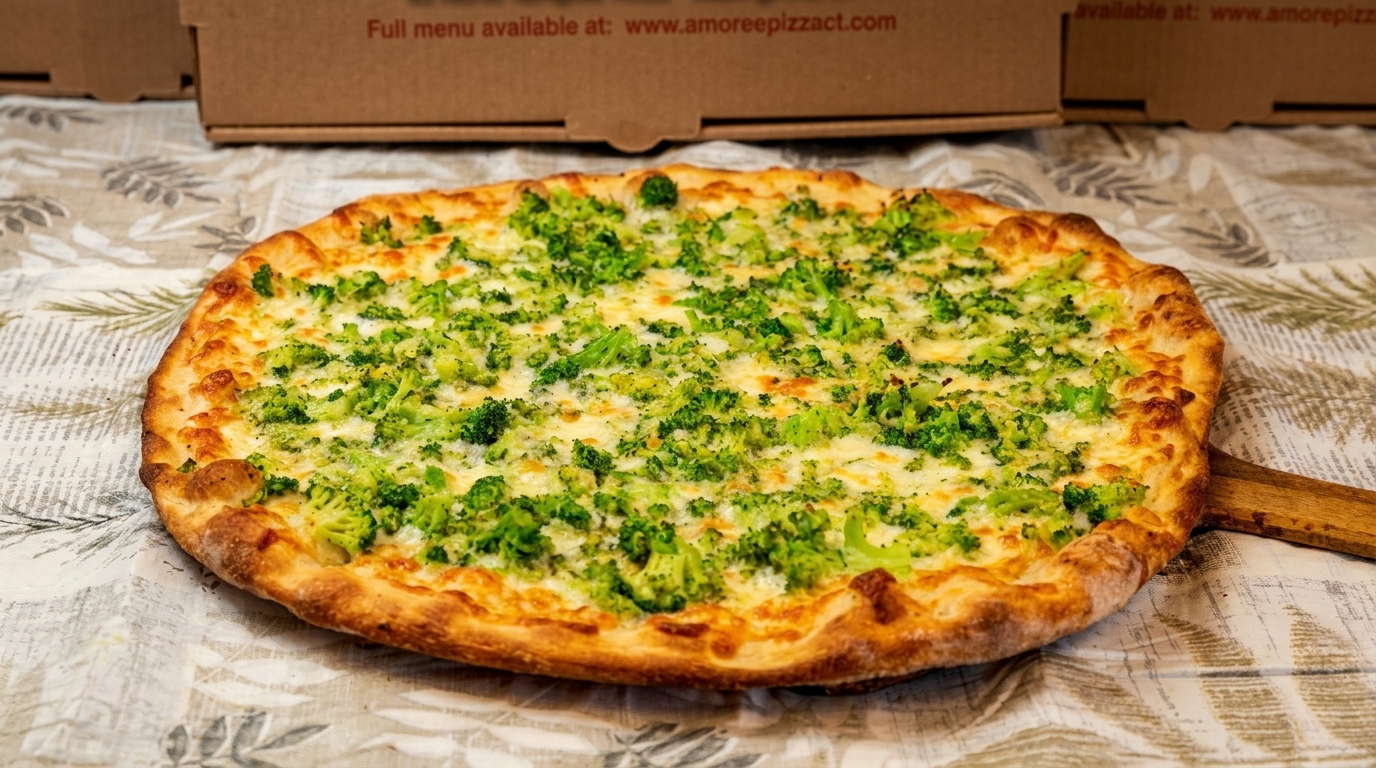 A large, round broccoli pizza with melted cheese on a wooden peel, with a pizza box in the background.