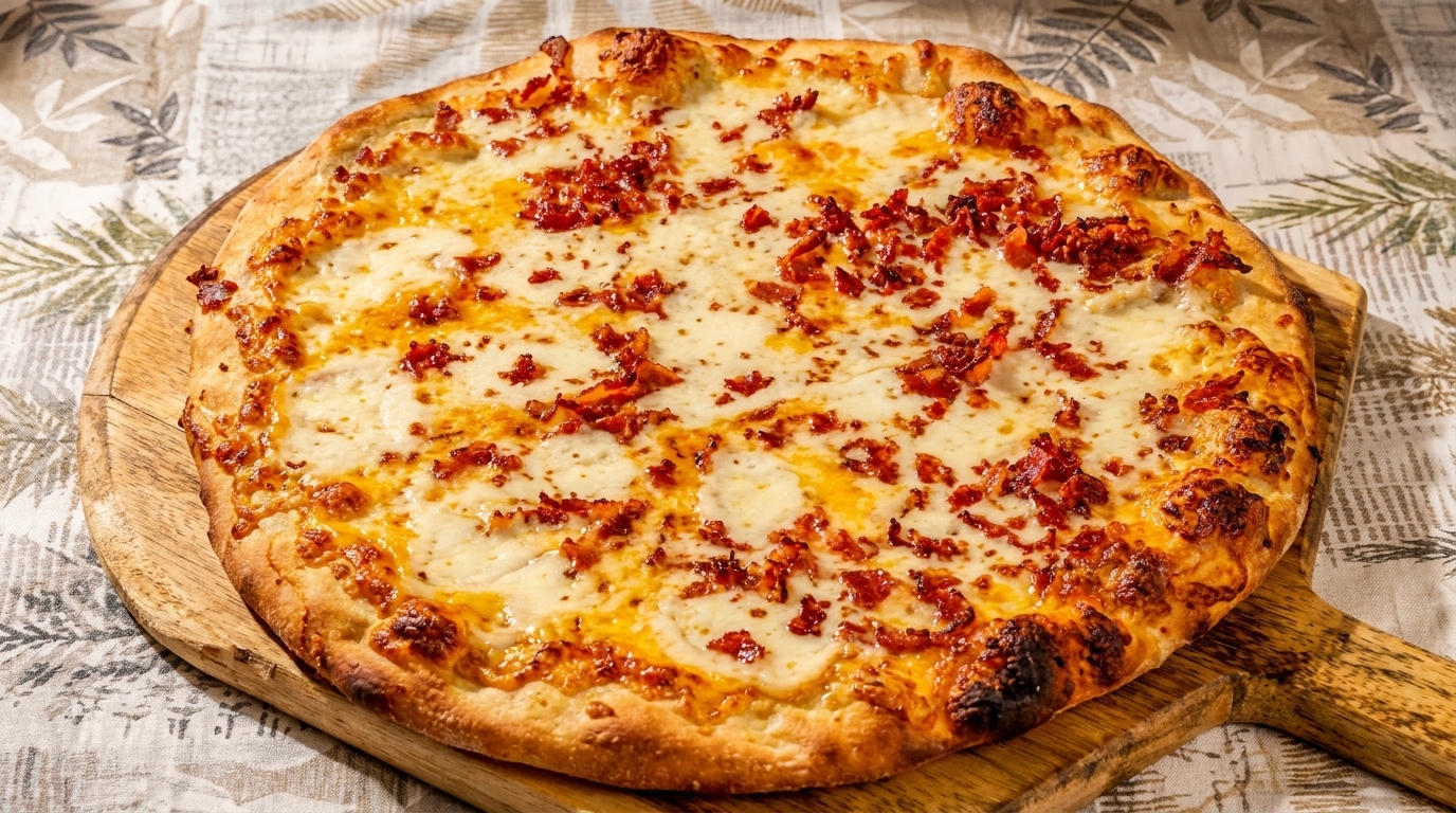 A whole, round pizza with melted white cheese and crispy bacon bits on a wooden paddle.