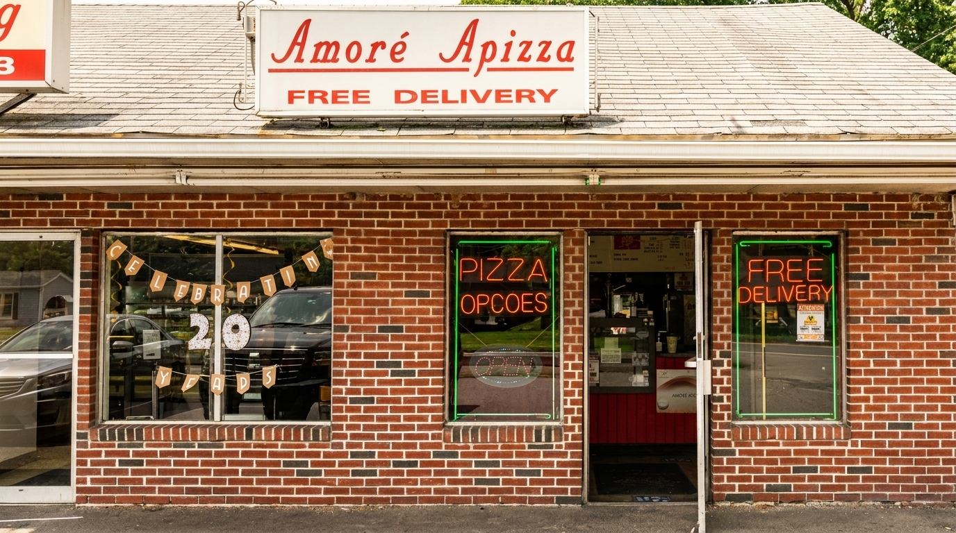Amore Apizza storefront with a "Free Delivery" sign and neon "Pizza" and "Free Delivery" window signs.