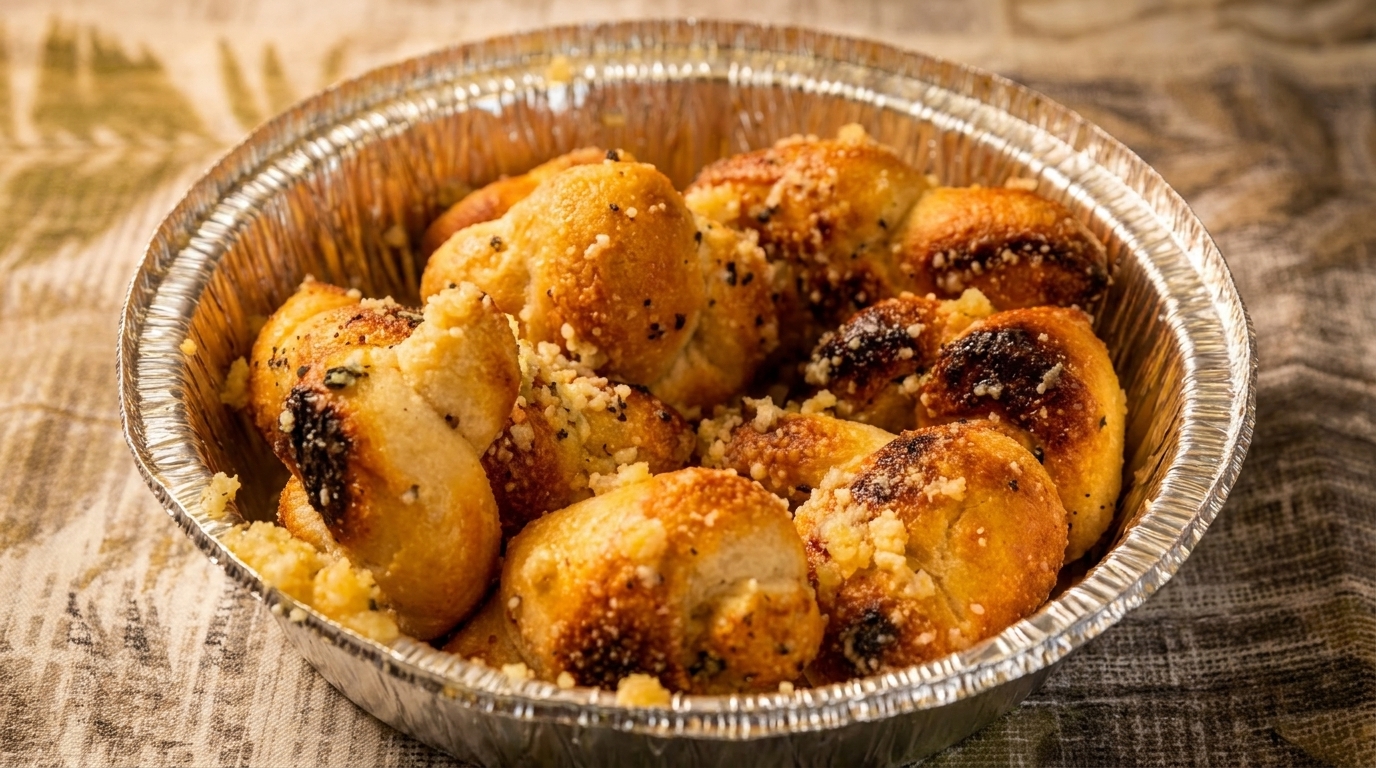 Golden-brown garlic knots, sprinkled with parmesan cheese and herbs, in a foil takeout container.