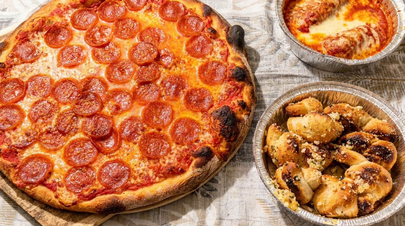 A pepperoni pizza, baked ziti, and garlic knots in foil containers on a patterned tablecloth.