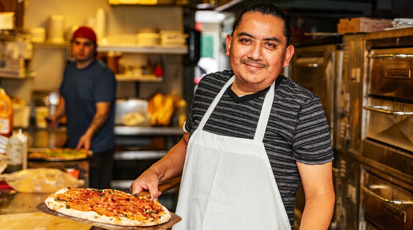 A smiling chef in a white apron holds a freshly made pizza on a peel in a busy kitchen.