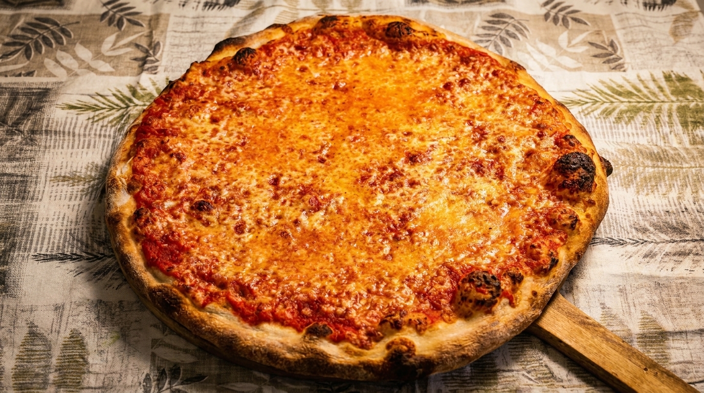 A whole cheese pizza with a golden-brown crust and melted cheese on a patterned tablecloth.