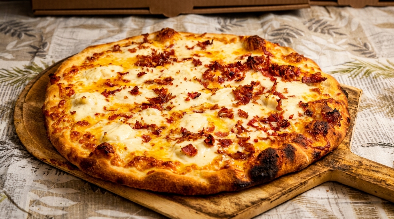 A white pizza with crispy bacon bits on a wooden pizza peel, on a patterned tablecloth.