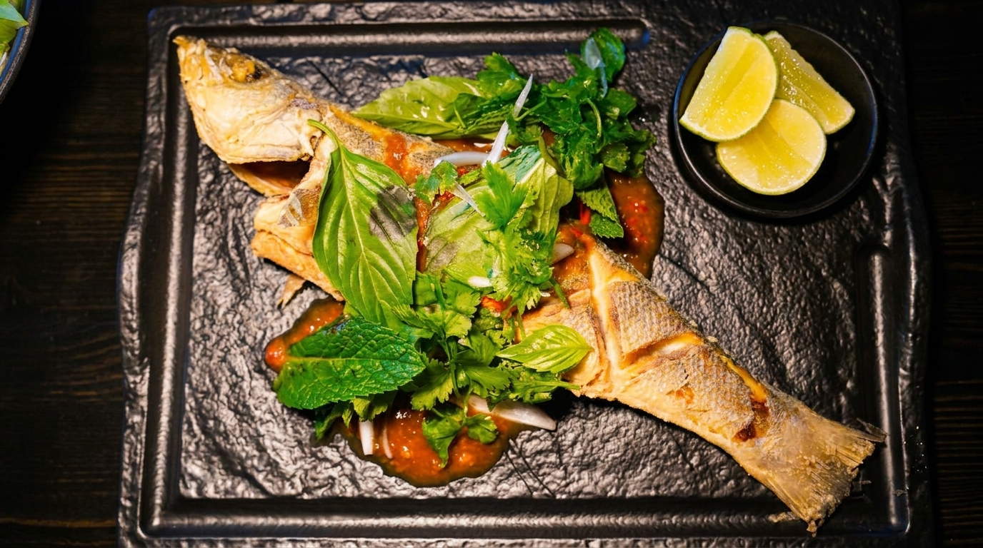 Whole fried fish with herbs, chili sauce, and lime wedges on a black plate.