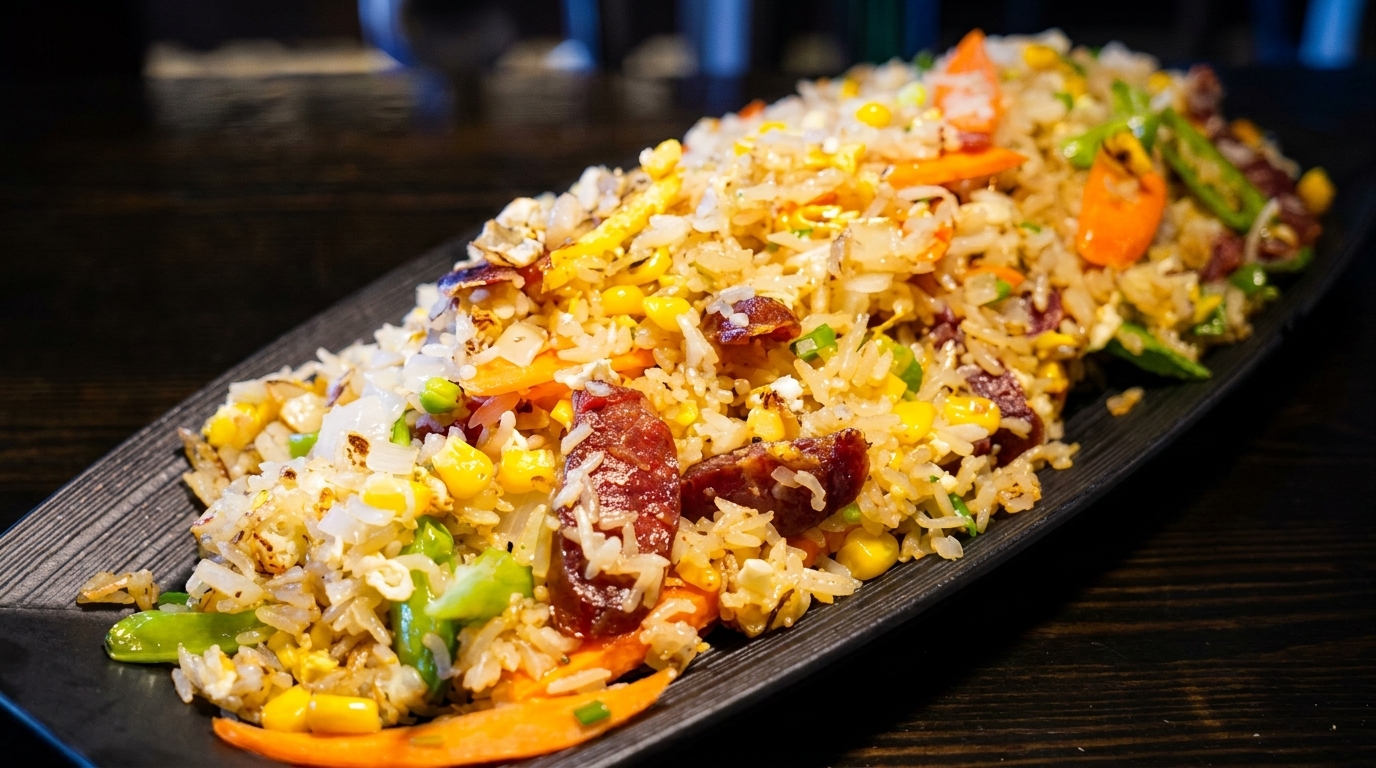 Fried rice with Chinese sausage, corn, peas, carrots, and scrambled egg on a black platter.