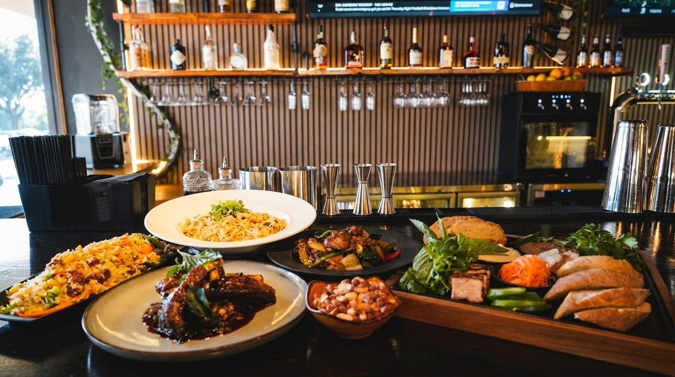 A bar counter laden with various dishes, including pasta, ribs, stir-fry, and a charcuterie board.