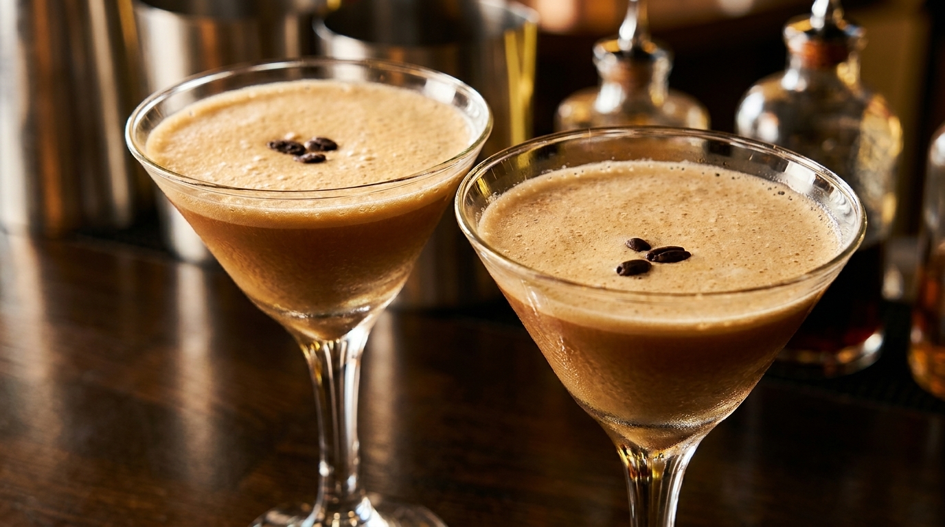 Two espresso martinis with coffee bean garnishes sit on a dark wooden bar.