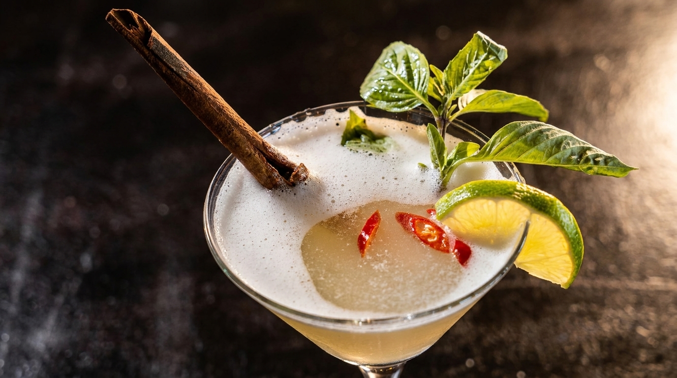 Foamy cocktail garnished with a cinnamon stick, basil, lime slice, and red chili peppers.