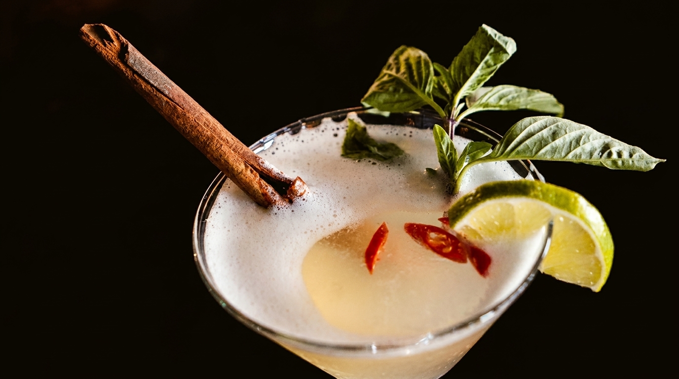 Close-up of a cocktail with foam, garnished with a cinnamon stick, lime, basil, and chili.