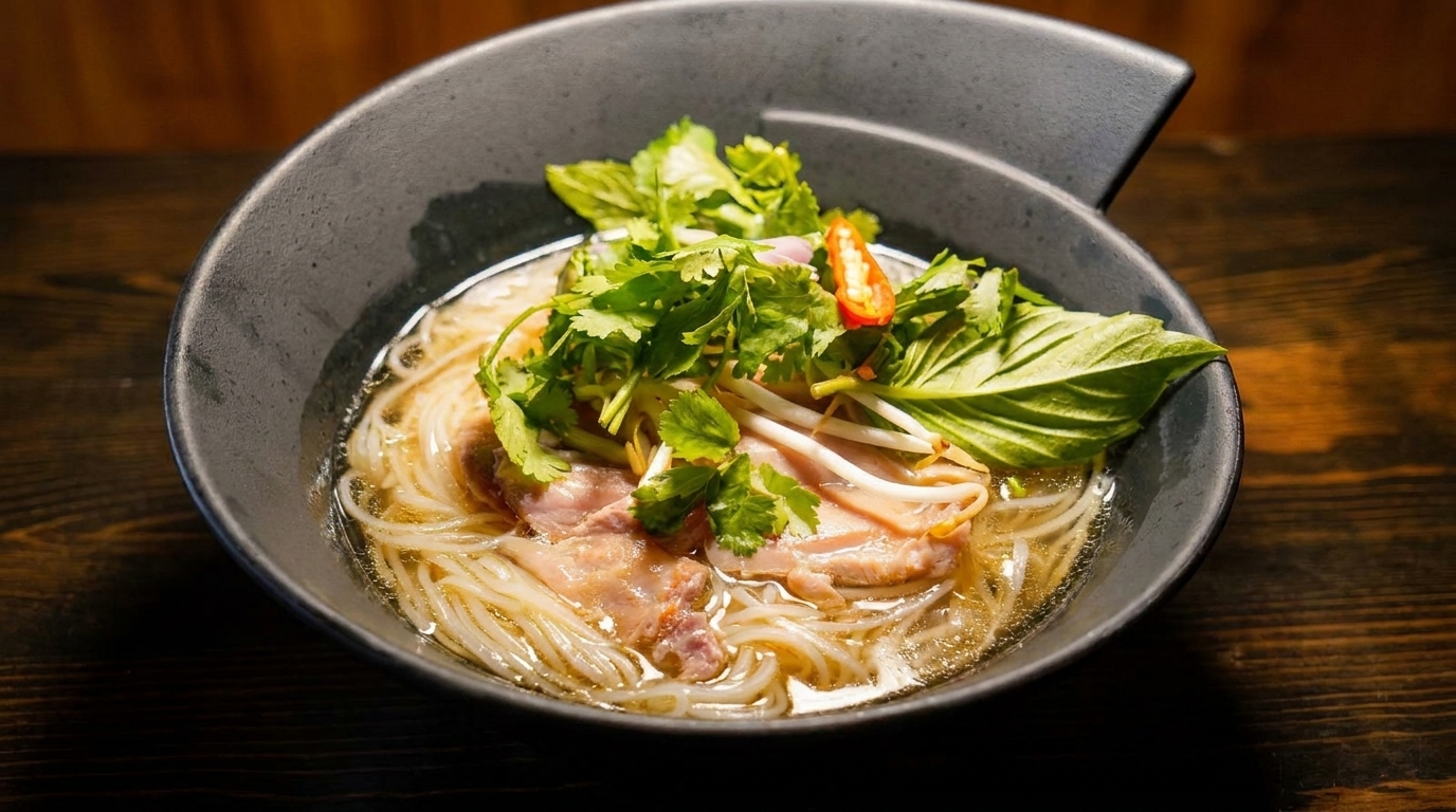 Close-up of a dark bowl of pho with noodles, meat, cilantro, basil, and bean sprouts.