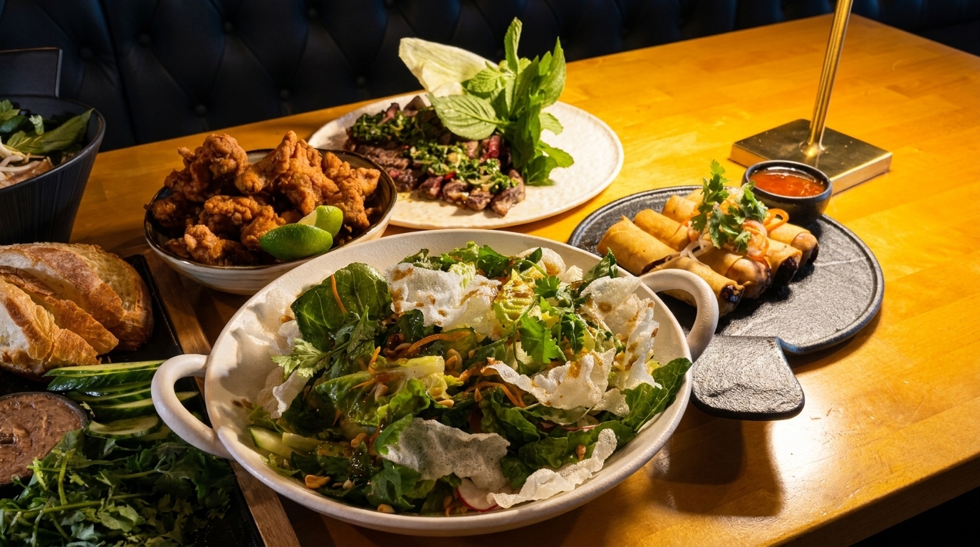 A wooden table laden with various Vietnamese dishes, including salad, fried chicken, and spring rolls.