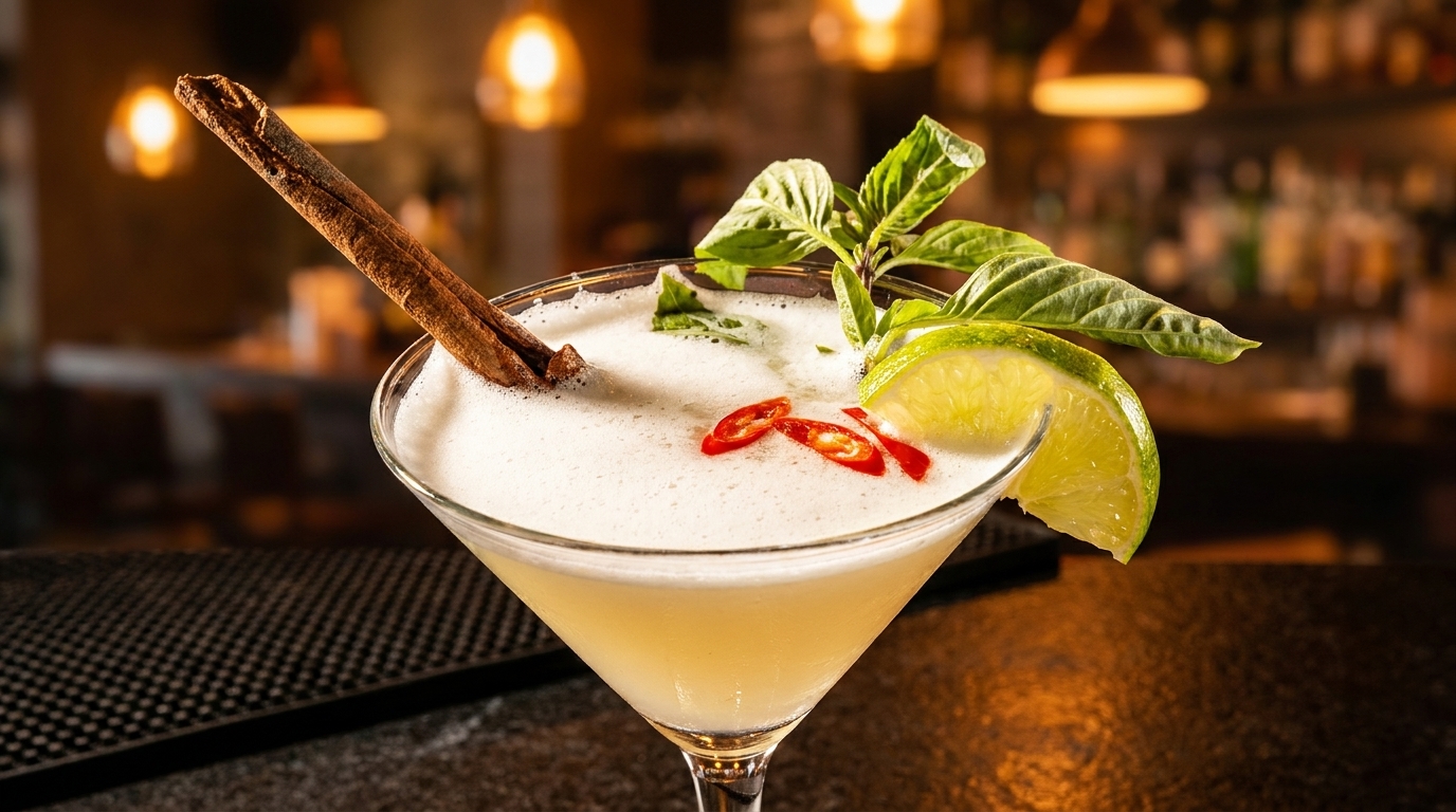 A cocktail with foam, garnished with a cinnamon stick, lime, basil, and chili slices.