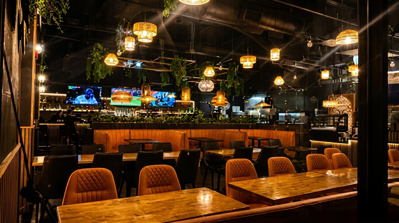 Spacious restaurant interior with amber lighting, dark tables, orange chairs, and a bar with TVs.