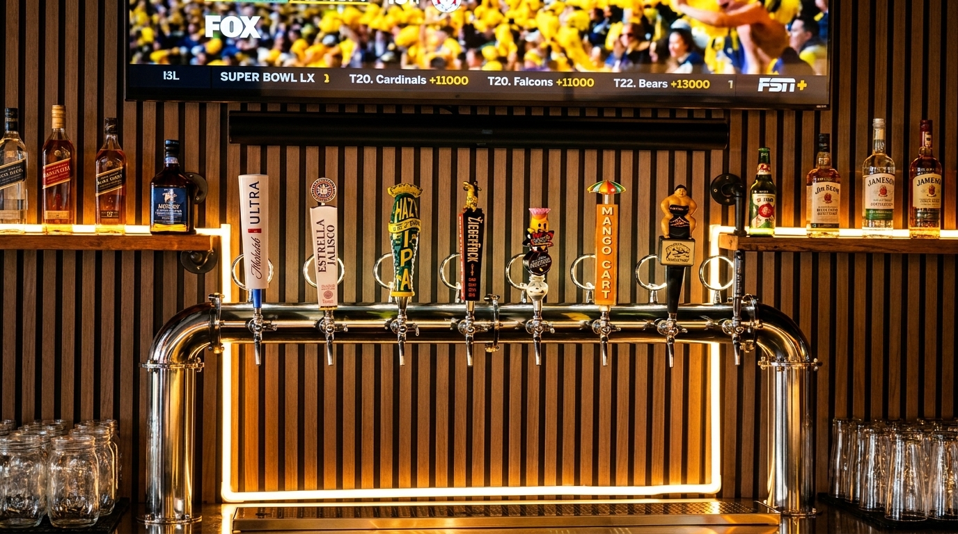 A bar with multiple beer taps, liquor bottles on shelves, and a TV screen showing sports.