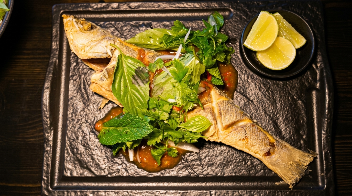 Whole fried fish with herbs, sauce, and lime wedges on a black textured plate.