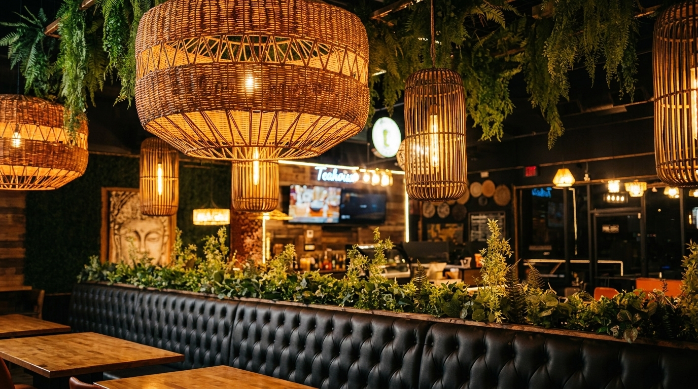 Restaurant interior with wicker lamps, lush greenery, dark tufted booths, and wooden tables.