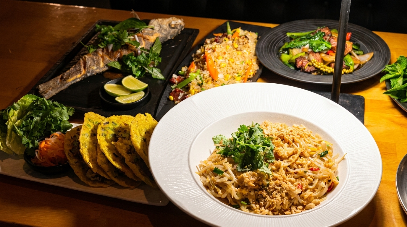 A table laden with various Vietnamese dishes, including whole fish, fried rice, noodles, and savory pancakes.