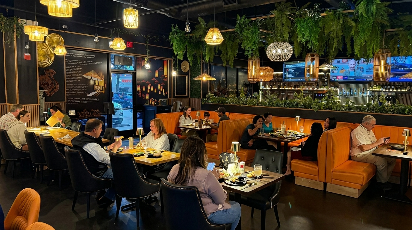 Diners seated at tables and orange booths in a restaurant with hanging plants and woven light fixtures.