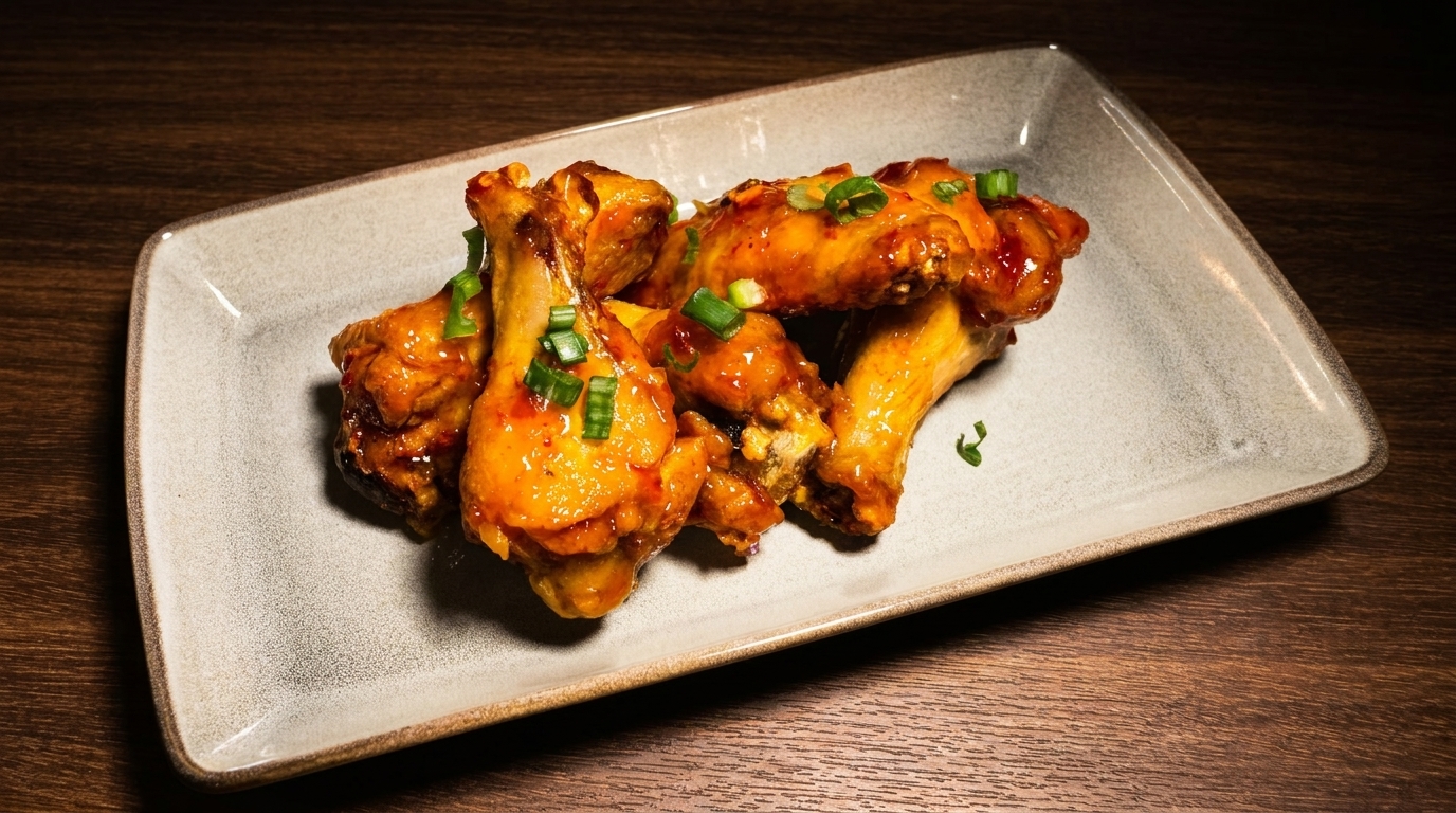 Sweet and spicy chicken wings, garnished with green onions, on a rectangular gray plate.