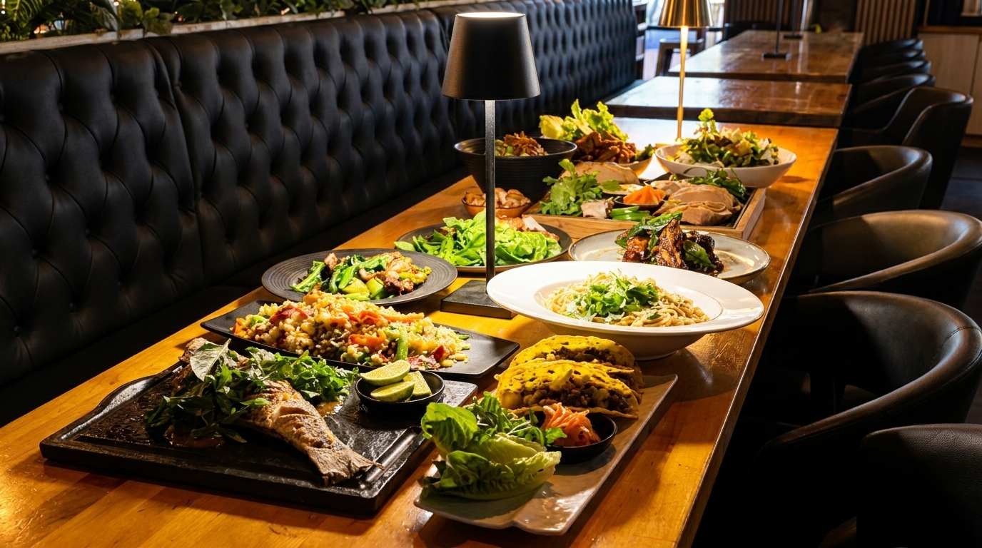 A long wooden table filled with various Asian dishes, including whole fish, noodles, and salads.