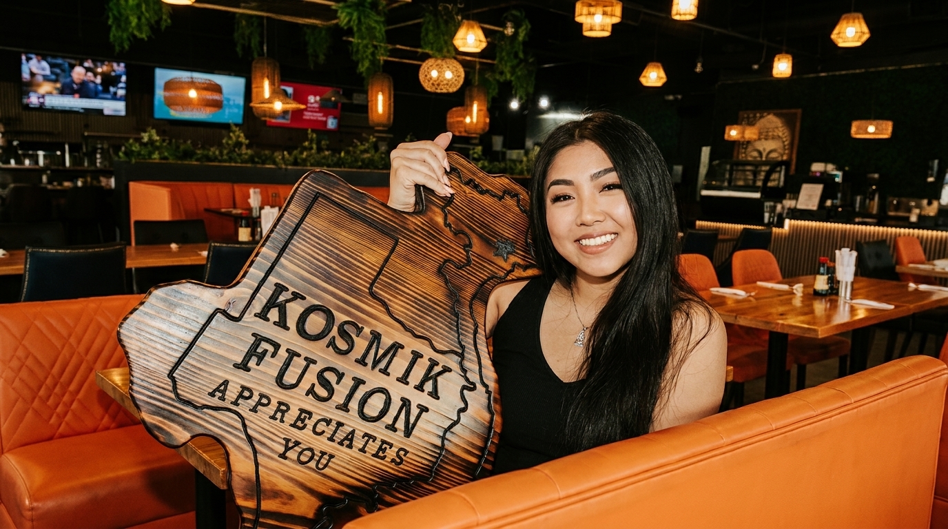 Smiling woman holding a wooden Kosmik Fusion sign in a restaurant with orange booths and hanging lights.