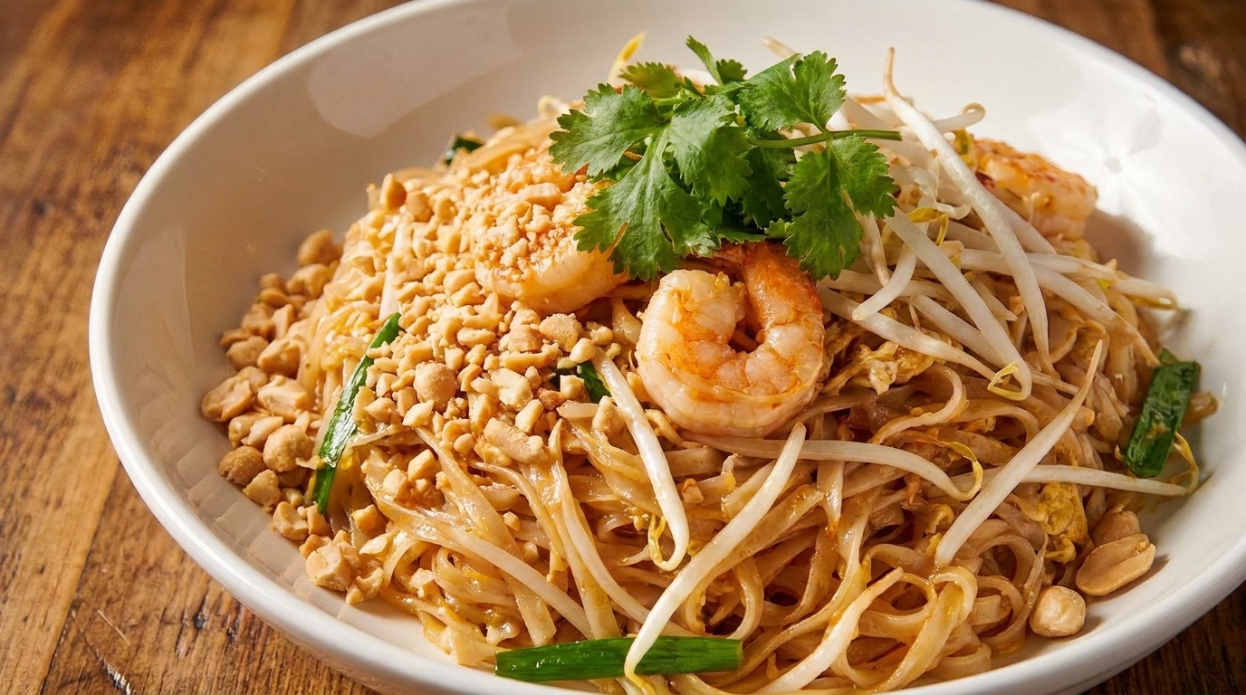 Pad Thai with shrimp, bean sprouts, crushed peanuts, and cilantro in a white bowl on wood.