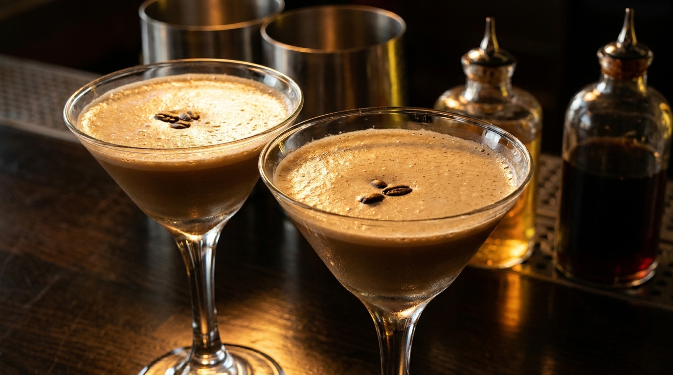 Two espresso martinis with coffee bean garnishes on a dark bar with bottles in the background.