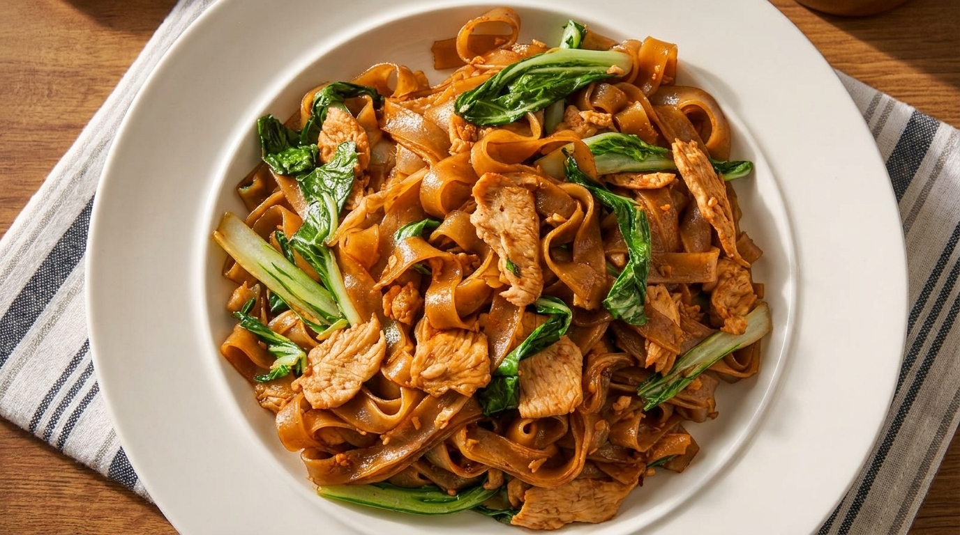 Pad See Ew with wide rice noodles, chicken, and bok choy on a white plate.