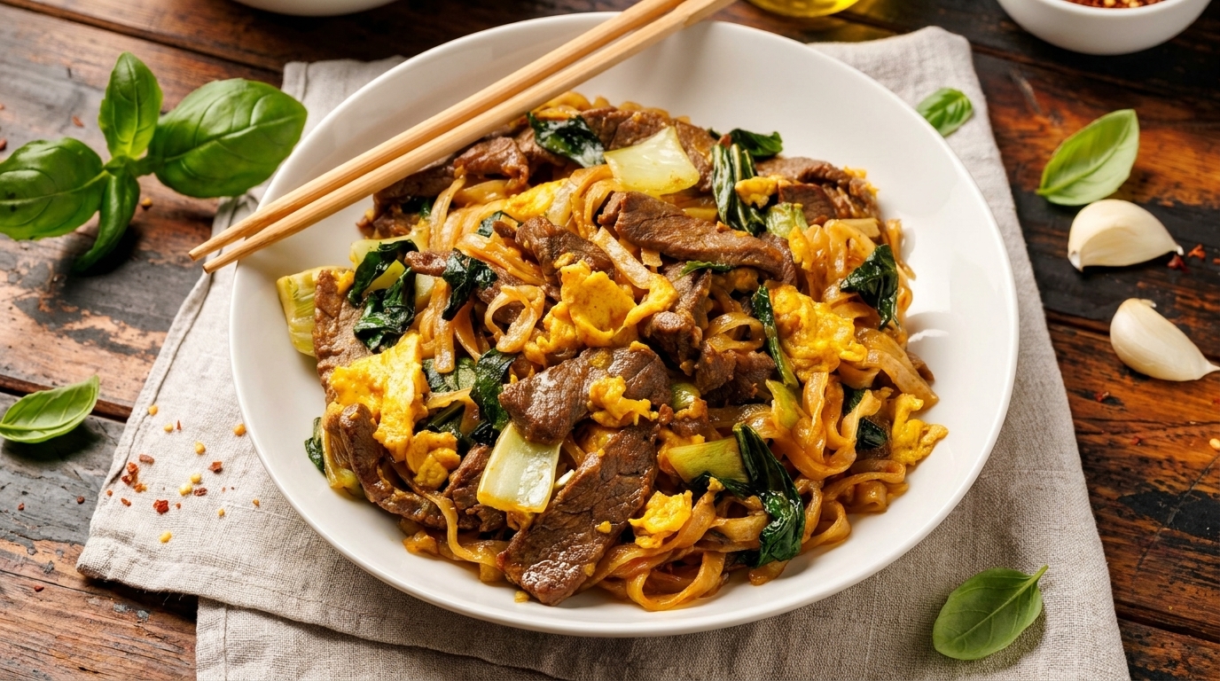 A white plate of beef pad see ew with chopsticks on a wooden table.