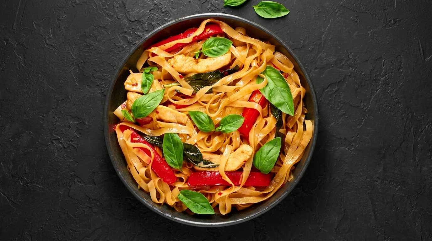 Pad See Ew with chicken, red bell peppers, and basil in a dark bowl on a black surface.