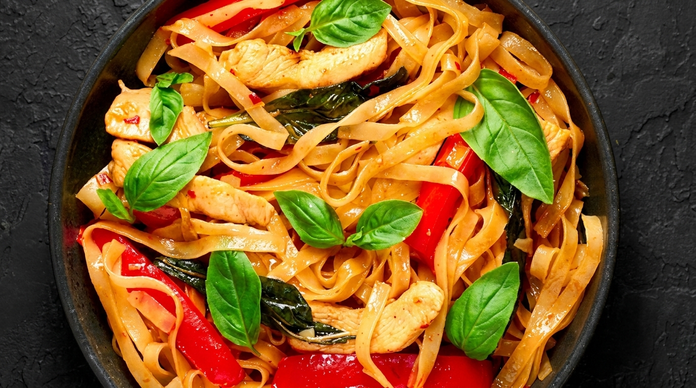 Close-up of chicken pad see ew with wide noodles, red peppers, and fresh basil.