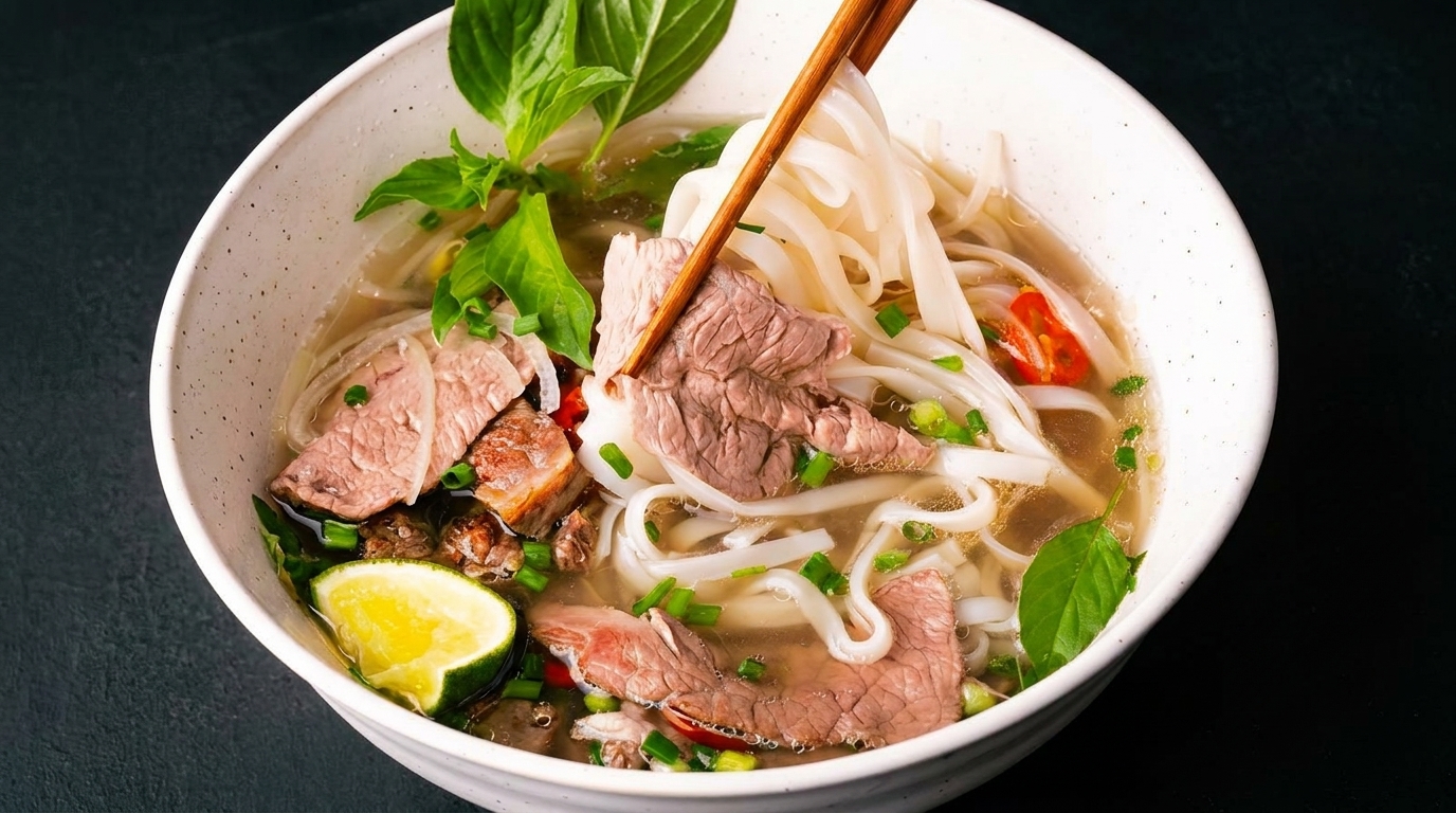 Chopsticks lifting noodles and beef from a bowl of Vietnamese pho with lime and basil.