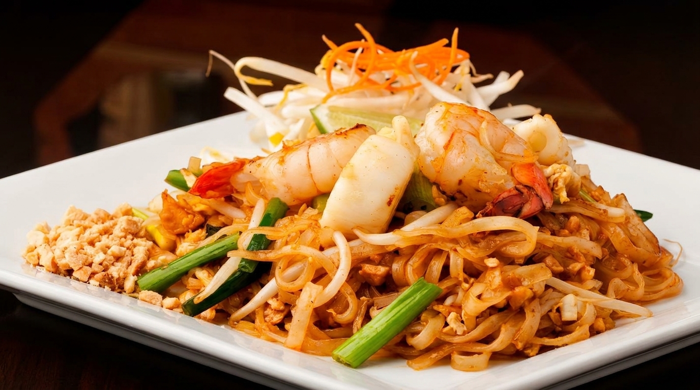A plate of Pad Thai with shrimp, squid, peanuts, and vegetables, garnished with shredded carrots.