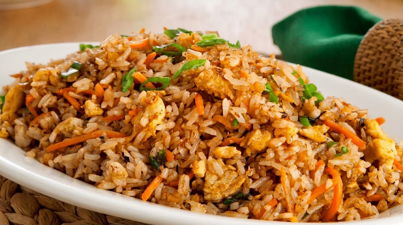 Close-up of a white platter filled with fried rice, carrots, egg, and green onions.