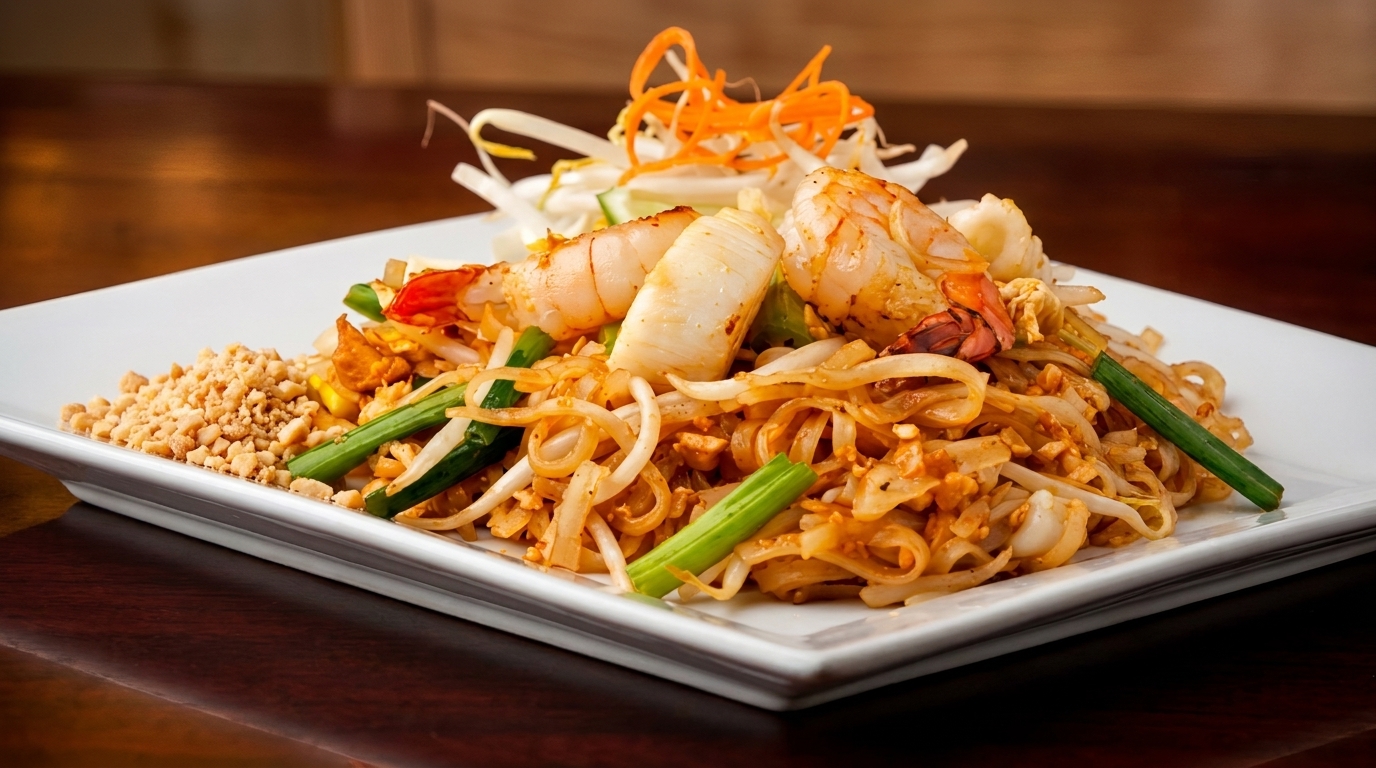 Pad Thai with shrimp, squid, noodles, bean sprouts, peanuts, and green onions on a white plate.