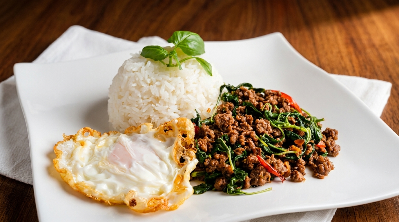 Thai basil pork with rice and a fried egg on a white plate.